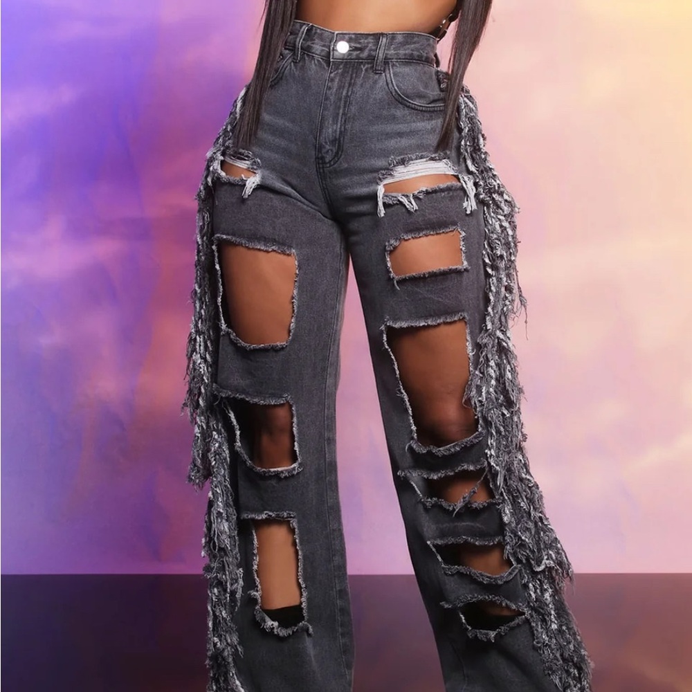 Fashion Nova Gray Flare Wide Leg Distressed Jeans